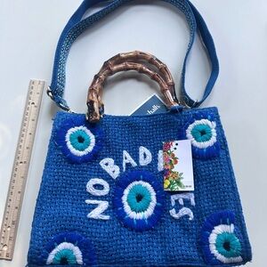 VIRAL NO BAD VIBES Blue Woven Tote Bag with Bamboo Handles